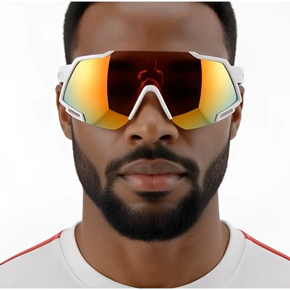 Men Sports Sunglasses White Fire Red Mirror Lens Outdoor Driving Golfing Fishing